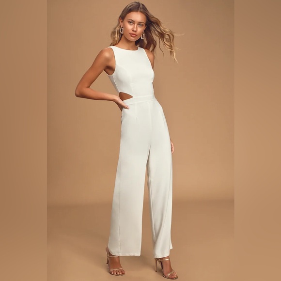 Lulus Pants - Lulus Moments to Remember White Sleeveless Wide-Leg
Cutout Jumpsuit